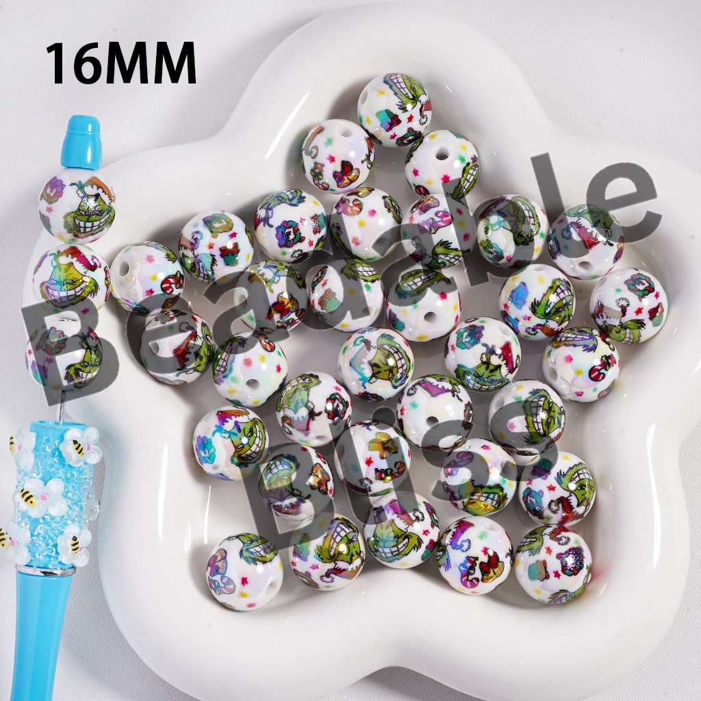 Colorful beads with cartoon designs on a white plate, labeled '16MM Bubble Beads'.