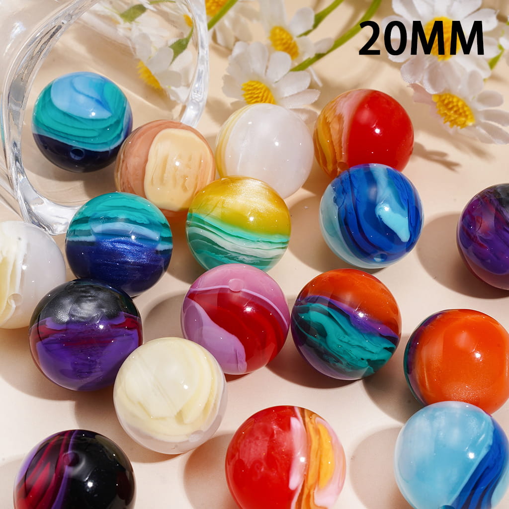 Acrylic Beads for Bracelets w Multi Color Layered Gradient Swirl Design, Glossy Marble Finish, 20MM Random Mix