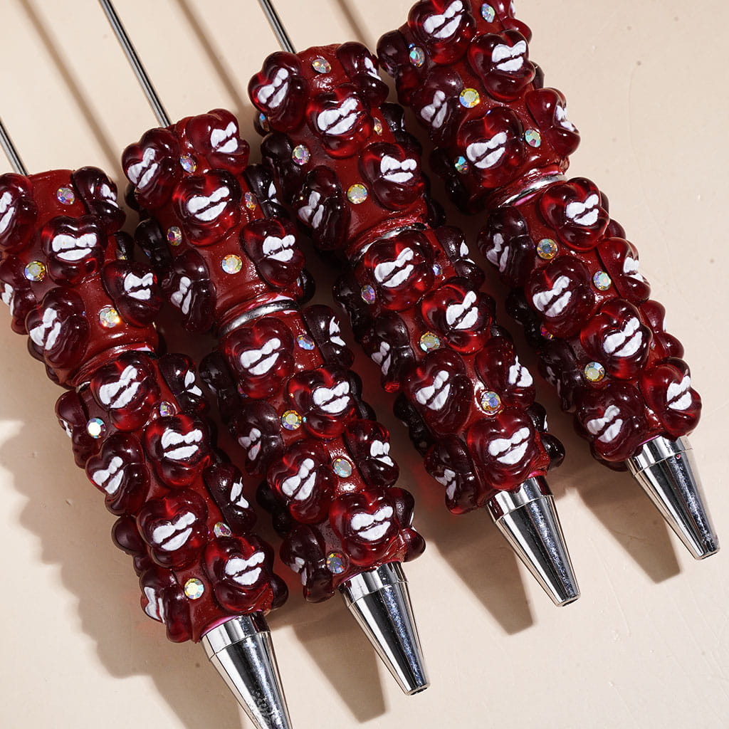 Beadable Clay Pens with Red Lip and AB Rhinestones on Red Background