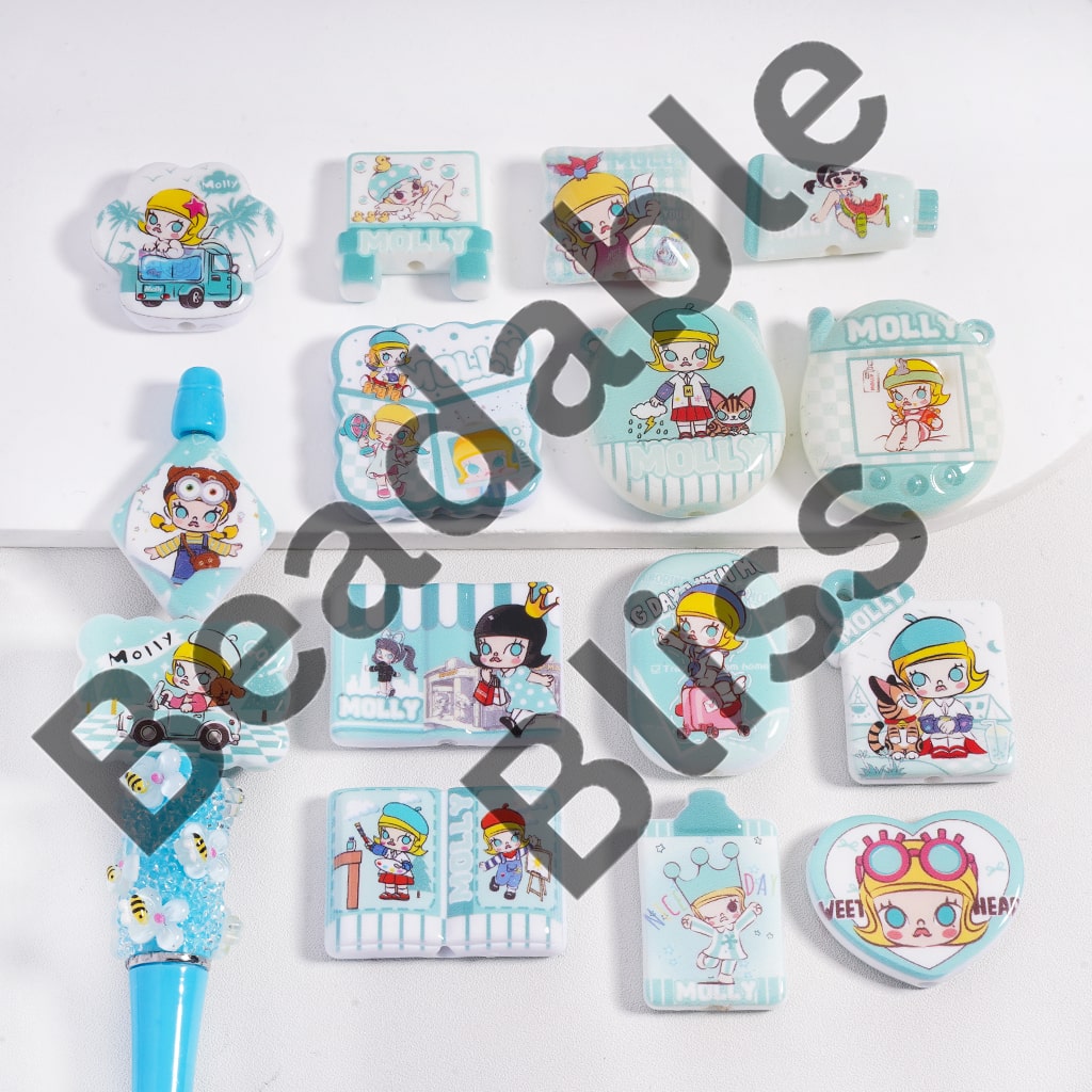 Acrylic Beads Pendant Cute Girl Teal Series Double Side Prints, Various Designs & Shape, Random Mix