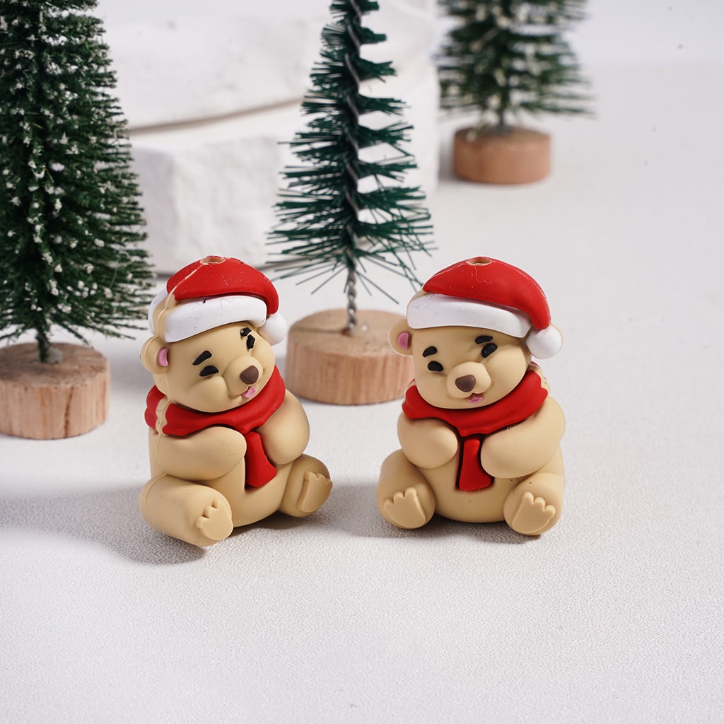 Silicone Focal Beads 3D Christmas Bears Series with Red Hat and Scarf