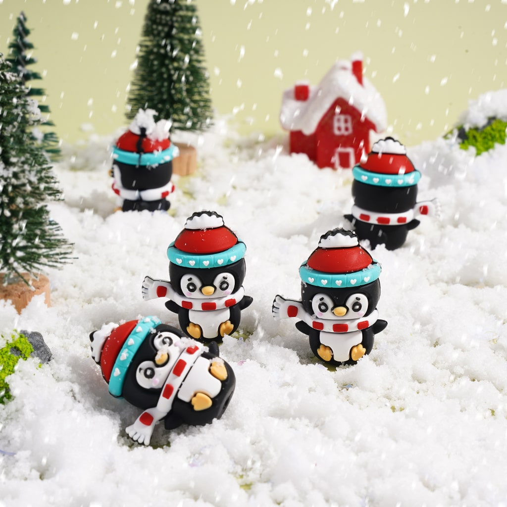 Silicone Focal Beads 3D Cute Penguin with White Scarf and Red Hat Christmas Series