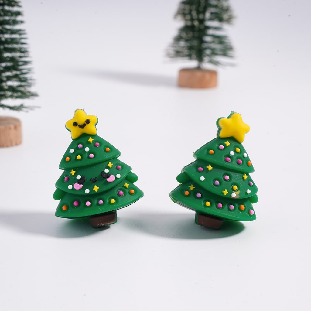 Silicone Focal Beads 3D Cute Smiling Christmas Trees with Yellow Star Colored Dots