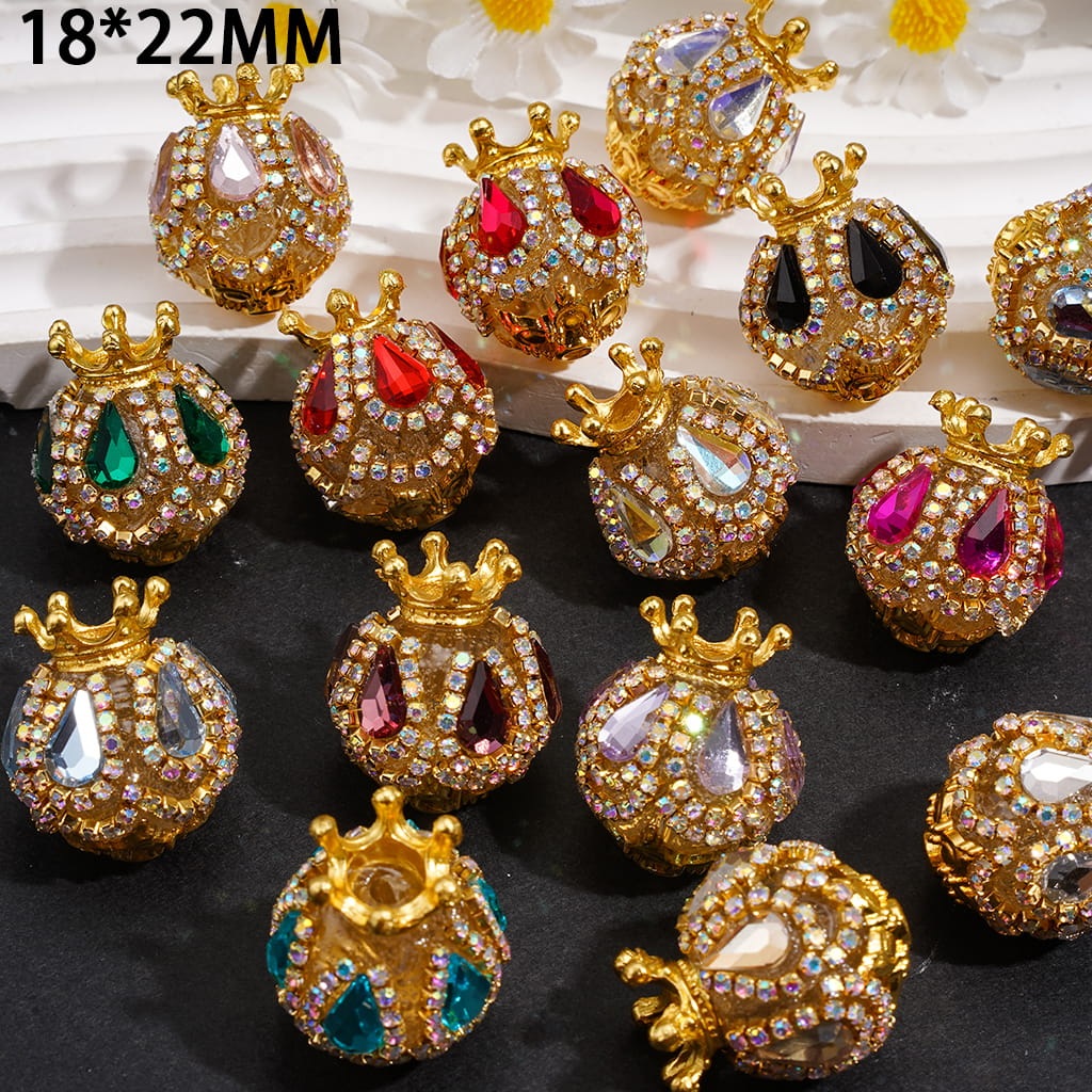 Handmade Acrylic Beads with Gold Crown, Teardrop AB Rhinestones and Crystal Chain, 18×22MM, Multi-Color, Random Mix