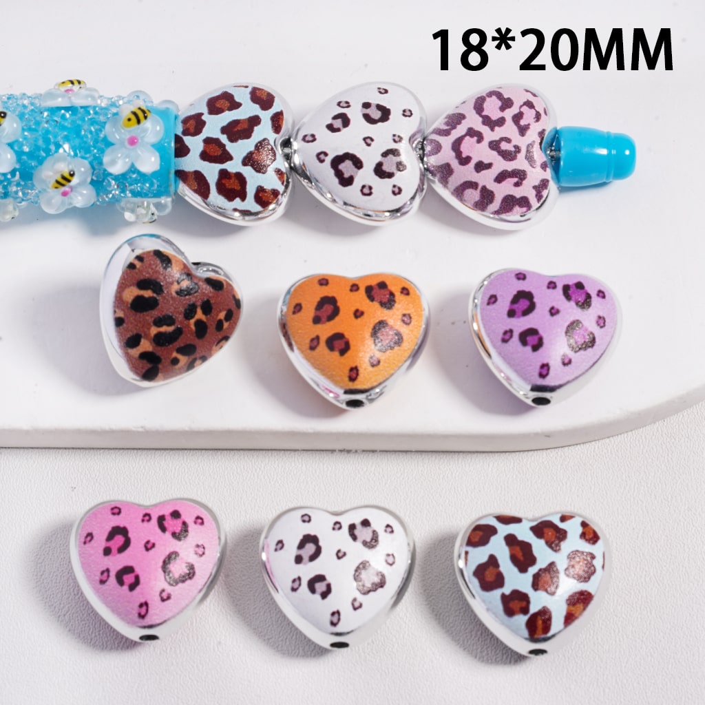 Acrylic Beads Frosted Matte Heart Shape with Leopard Print, Multi-Color, Random Mix, 18*20MM