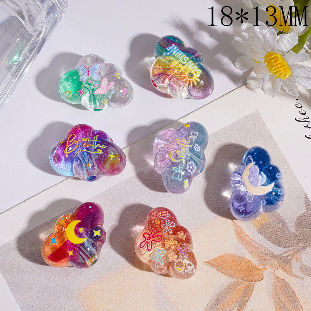 Acrylic Beads Cloud Shape with Flower Butterfly Star Moon Print, 18*13MM, Translucence, Multicolor, Random Mix