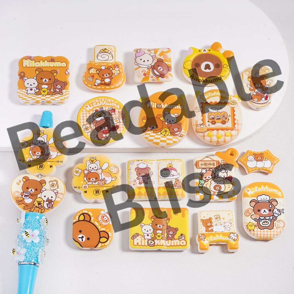 Acrylic Beads Frosted Matte Bear Character Double Sides Prints in Various Designs & Shapes, Random Mix