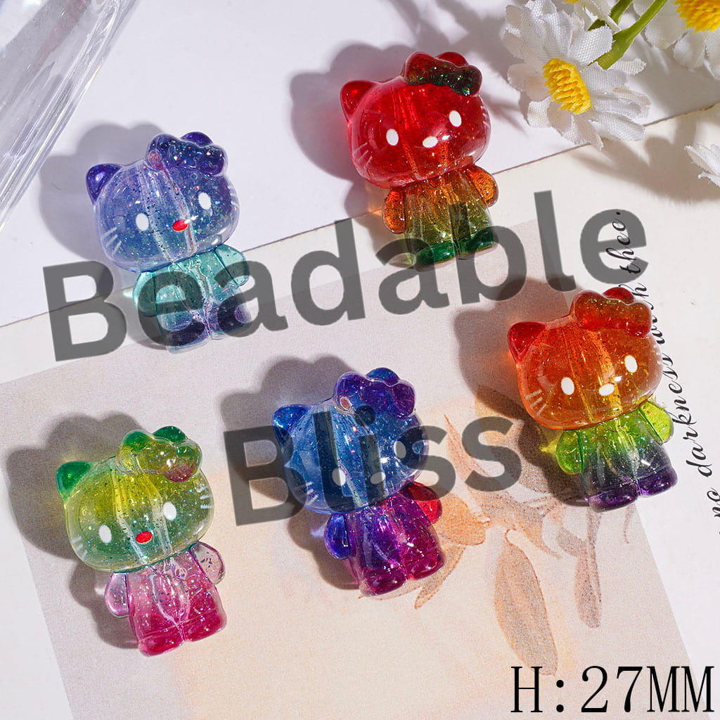 Cute Cat Character with Shimmer Gold Foil Paper Acrylic Beads, Height 27MM, Tri-Color Gradient & Semi-Clear, Random Mix