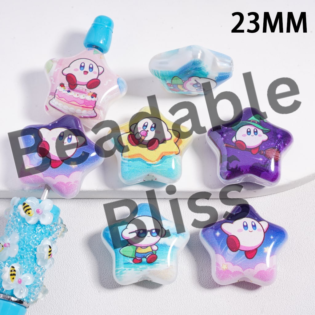 Acrylic Beads Cute Character Series Double Side Prints, Five-Pointed Star Shape, Random Mix, 23MM