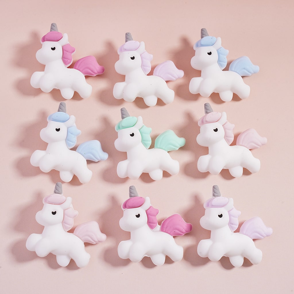 Silicone Focal Beads 3D Cute White Unicorn with Different Colors Mane and Tail