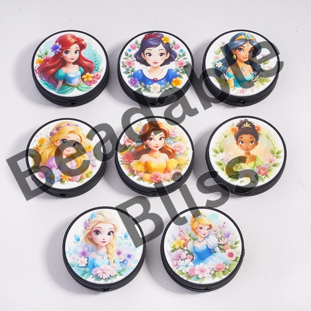Silicone Focal Beads Beautiful Princess in Various Designs, Flat Round Shape, Random Mix