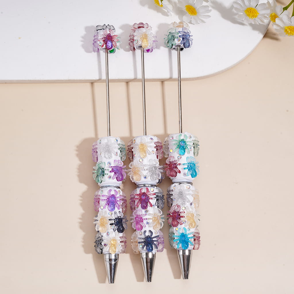 Beadable Clay Pens with Glittery Spiders Halloween Theme and AB Rhinestones, White and Black Pen Body