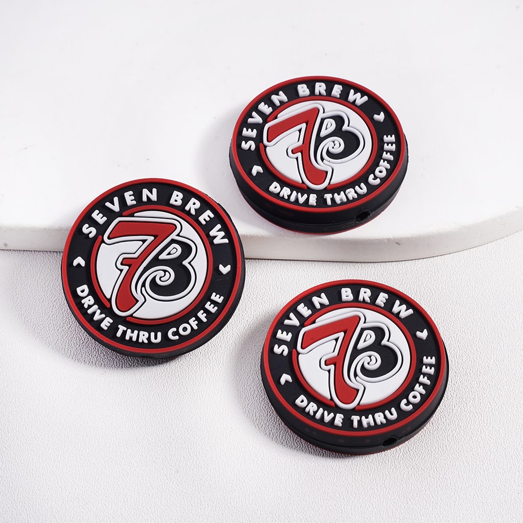 Silicone Focal Beads Seven Coffee, Red Black and White Colors, Flat Round Shape