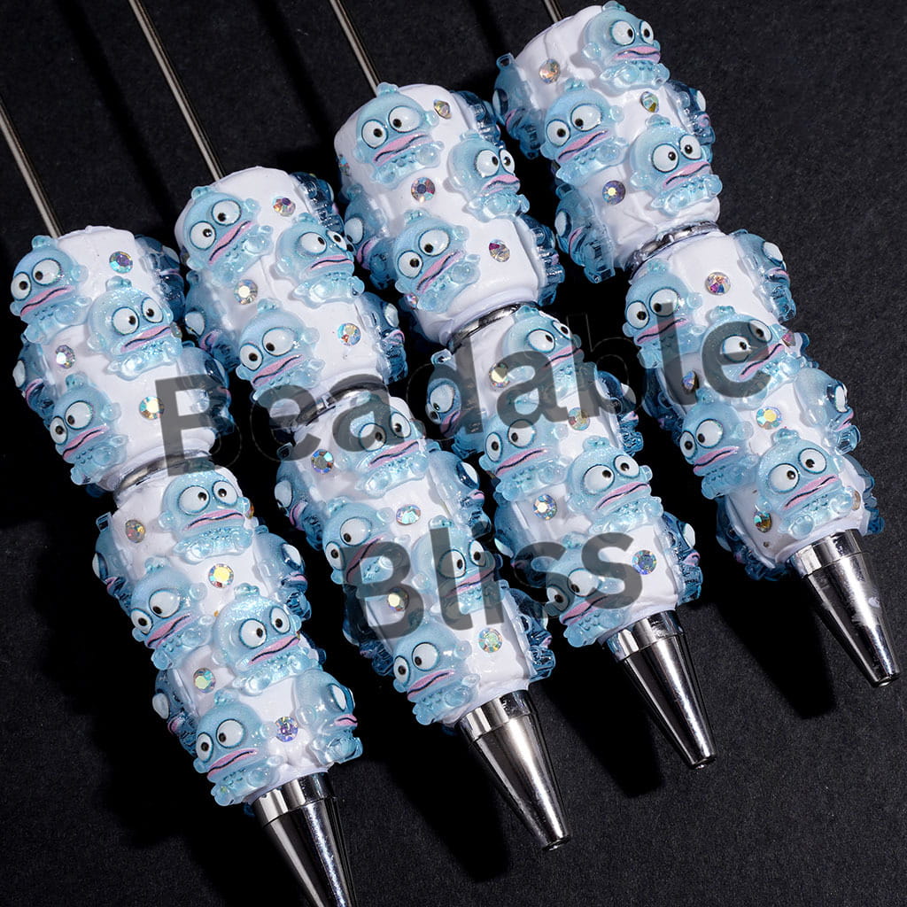 Beadable Clay Pens with Ugly Fish Series and AB Rhinestones on White Background