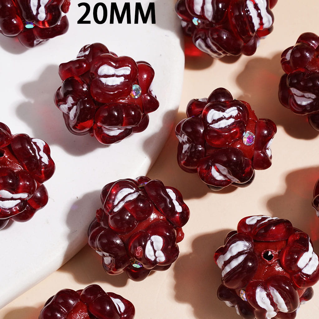 Clay Beads with Red Lip and AB Rhinestones on Red Background, 20MM