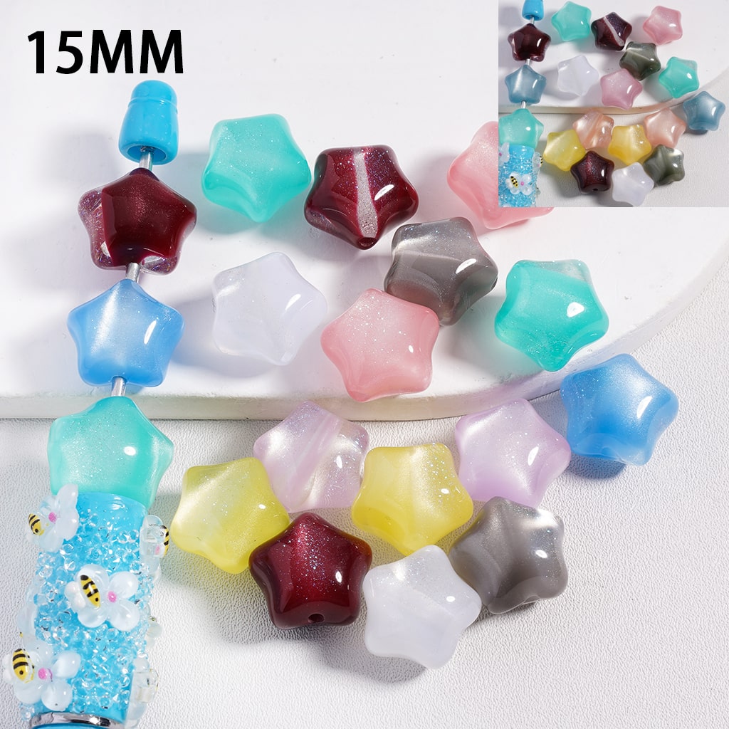 Acrylic Beads, Color Changing, Cat Eye Style, Five-Pointed Star Shape Silver Glitter Inside, Random Mix, 15MM