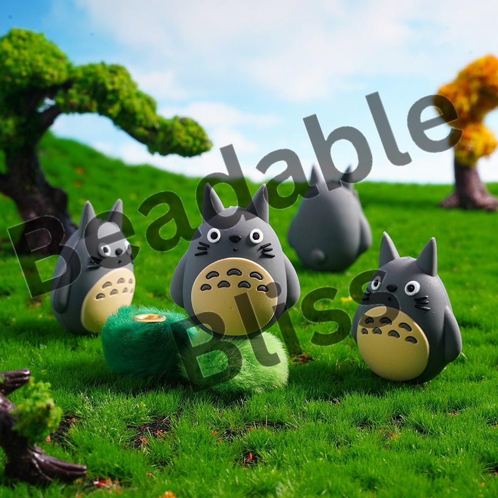 Four cartoon characters resembling Totoro on a grassy field with trees in the background.