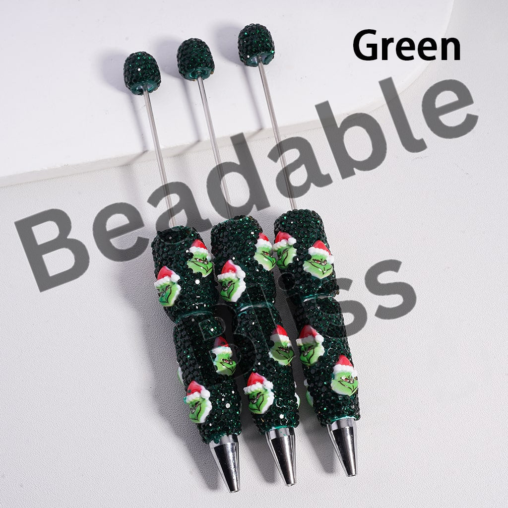 Beadable Clay Pen Green Character with Christmas Hat Red Green Rhinestones