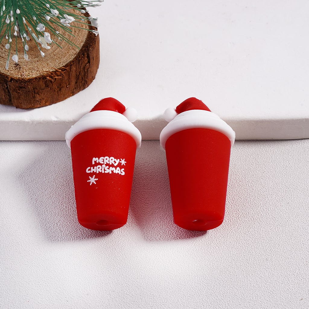 Silicone Focal Beads 3D Cute Red Coffee Cup with Christmas Hat Snowflake