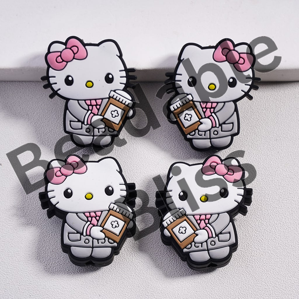Silicone Focal Beads Beautiful Cat in Nurse Costume Holding Box with Pink Bowtie