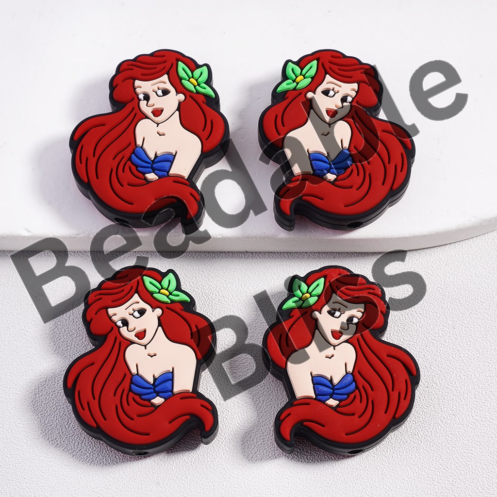 Silicone Focal Beads Red Hair Mermaid Girl with Green Flower on Her Hair