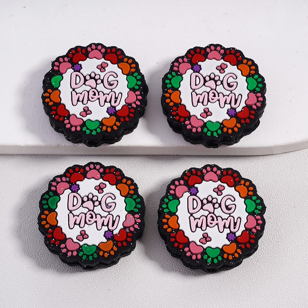 Silicone Focal Beads Dog Mom Text Circled in Multicolor Dog Paw Prints