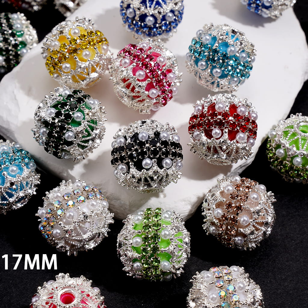 Hand Made Acrylic Beads w Silver Filigree, Double Layer Pearls & Clear Rhinestone Chain, 17MM, Random Mix