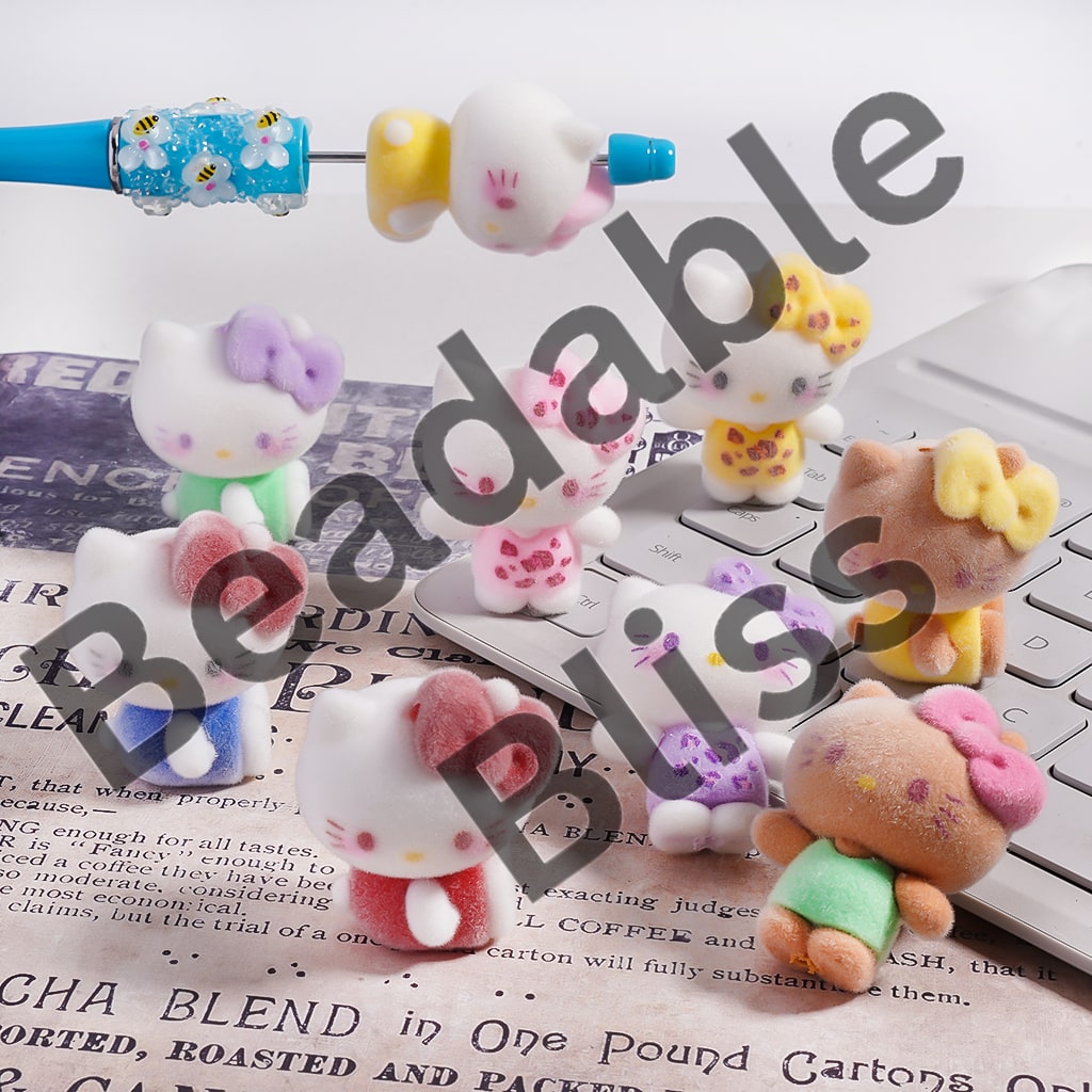 Acrylic Beads Flocked Fluffy Cat, Multi-Color, Random Mix in Various Colors and Styles