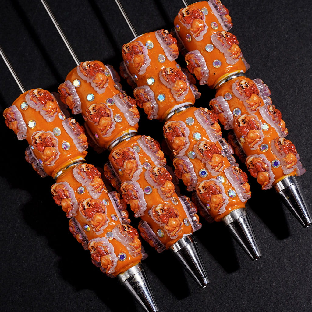 Beadable Clay Pens Cute Dog with Red Bowtie and AB Rhinestones in Orange Series