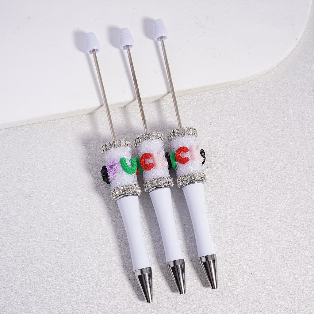 Sugar Beadable Pen with Humor Text, White & Black Rose Flowers, Clear Rhinestones Chains