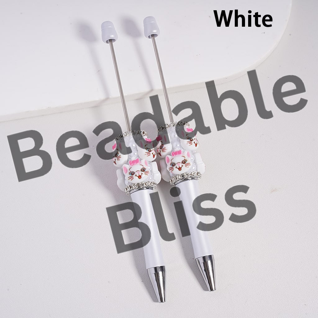 Sugar Beadable Pen w Cute Animal Characters Series, White Pearls & Clear Rhinestones Chains