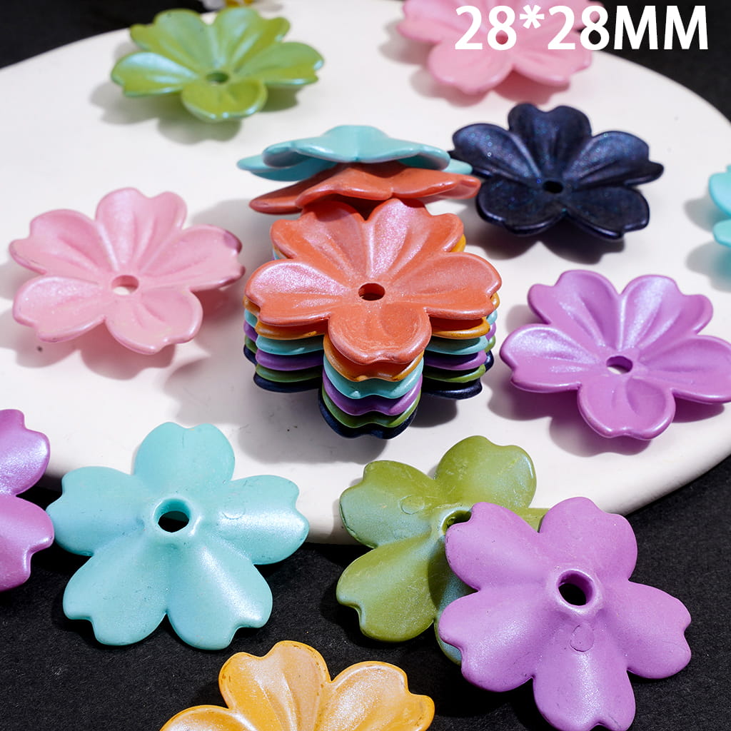 Acrylic Beads w Five-Petal Flower Design, UV Coating Pearlized Finish 28*28MM, Multi-Color, Random Mix