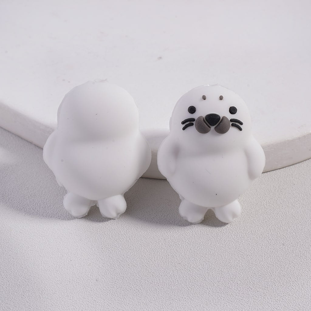 Silicone Focal Beads 3D Cute Seal Series, White and Gray Colors