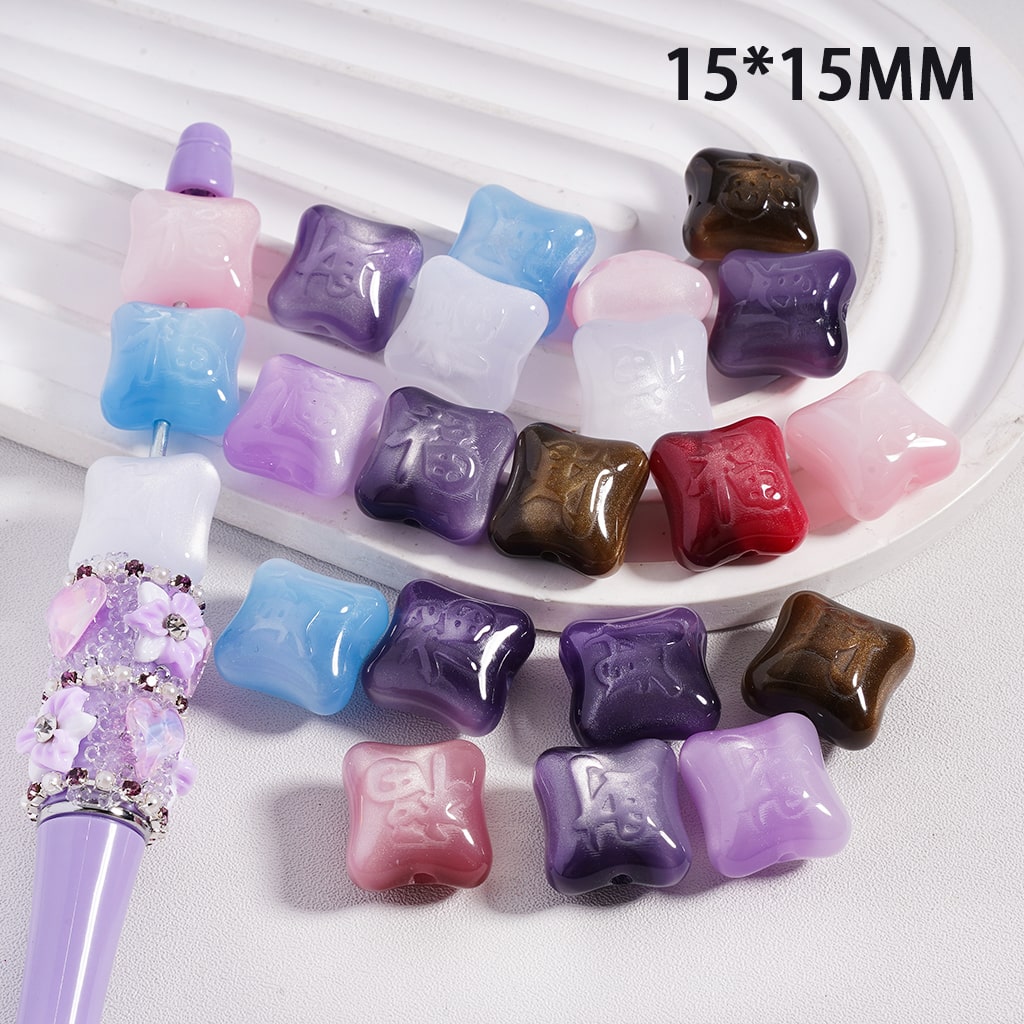 Acrylic Beads Cat Eye Chinese Style, Curves Square Shape, Random Mix, 15*15MM