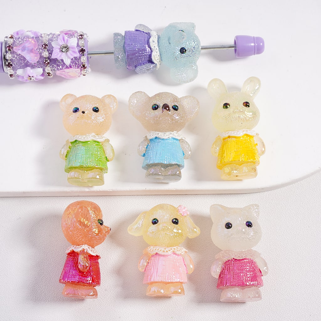 Acrylic Beads UV Coating Baby Animal with Glittery Lace Dress in Various Styles, Random Mix