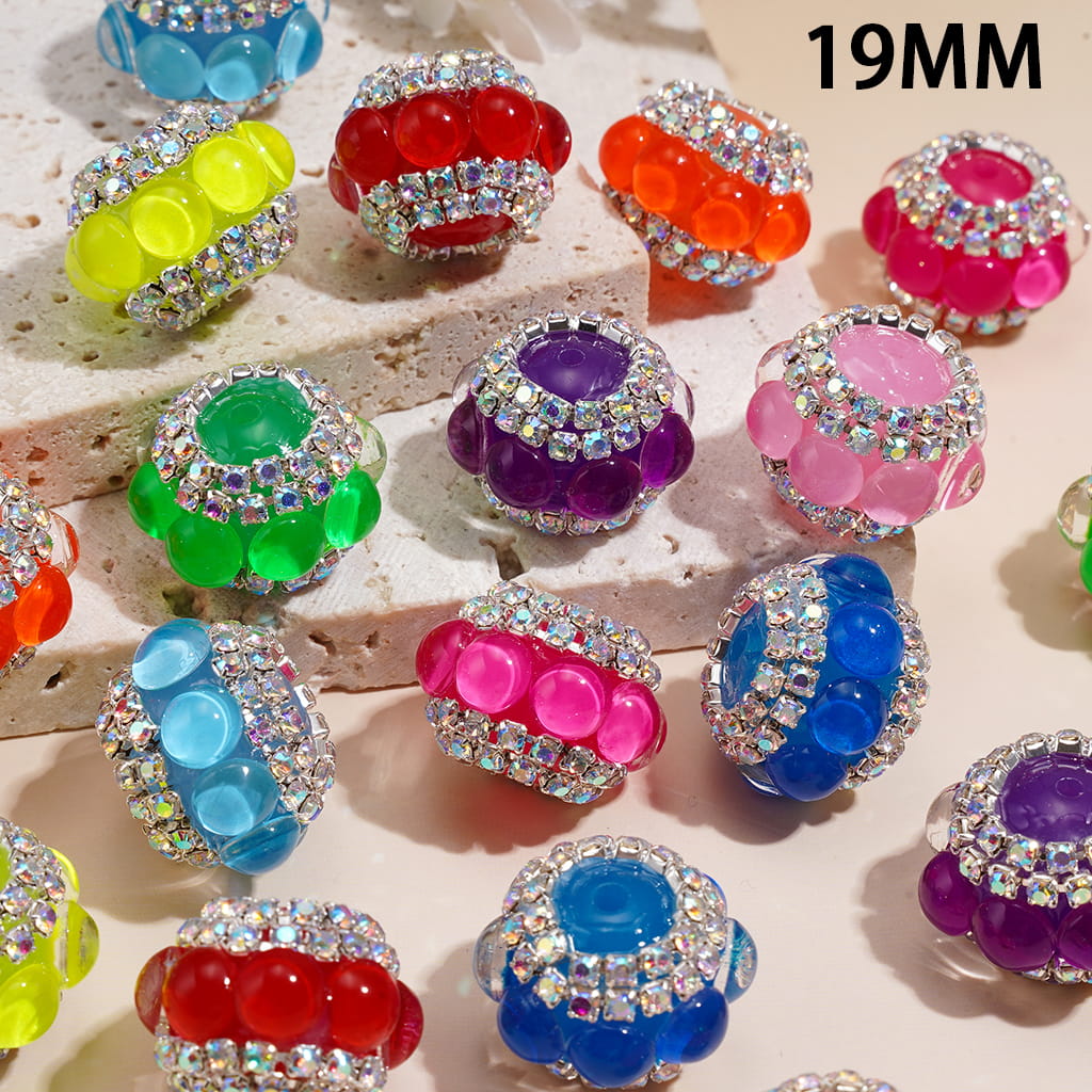 Hand-Made Acrylic Beads with Neon Colors Half-Shell Round, Silver Chains with AB Rhinestones, 19MM, Random Mix