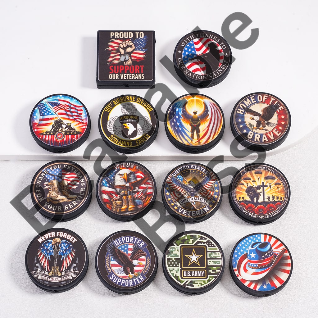 Silicone Focal Beads U.S. Veteran in Various Designs, Round and Square Shape, Random Mix