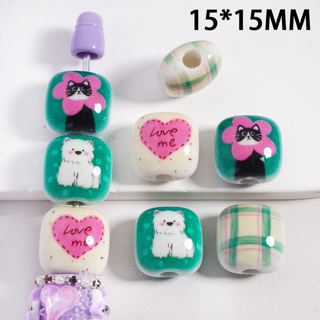 Acrylic Beads Black Cat White Dog Pink Heart Green Checkered Patterns, Random Mix, 15*15MM