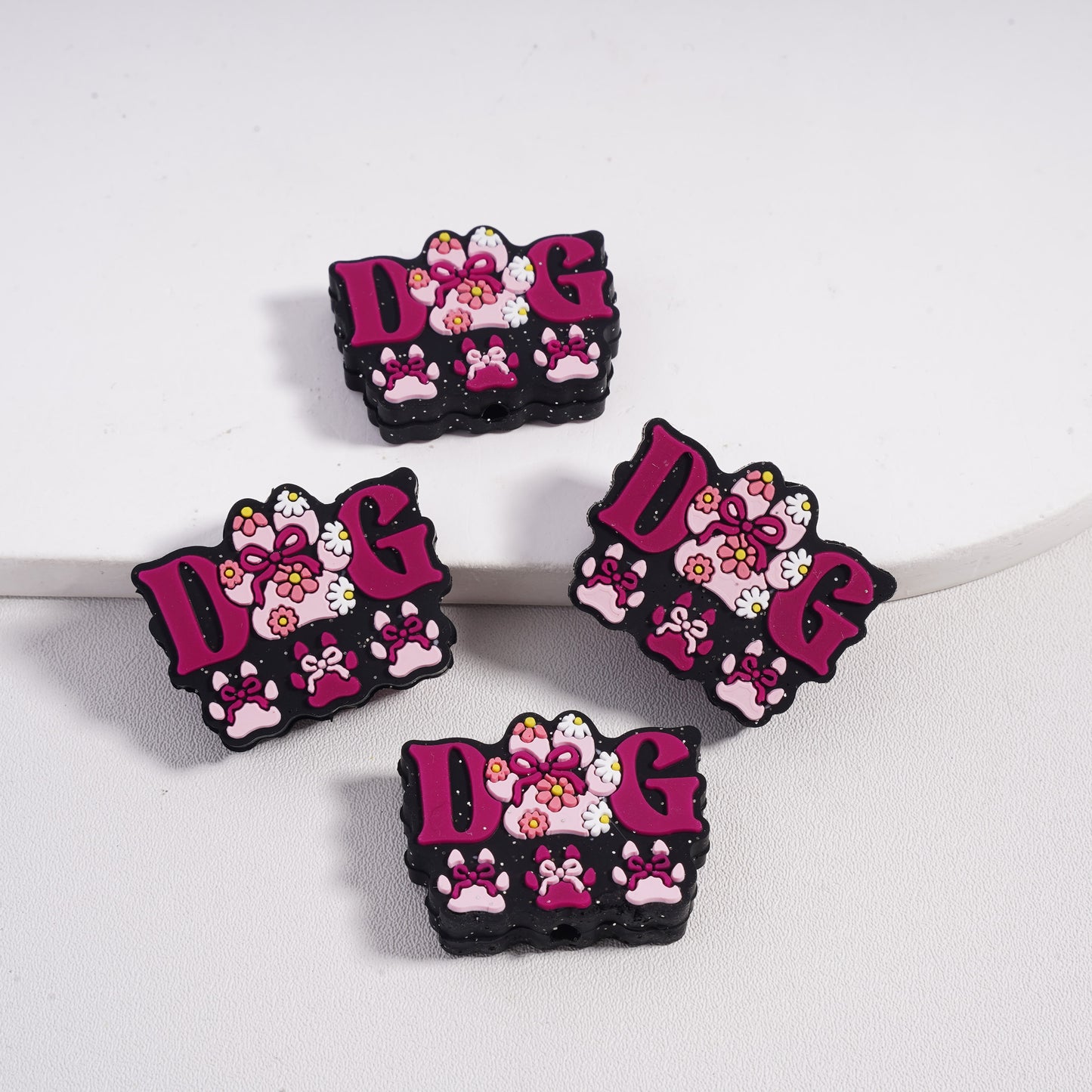 Silicone Focal Beads with Silver Glitter Flowers Bowtie Dog Paw Prints in Various Colors