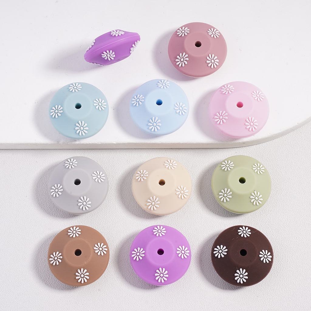 Silicone Lentil Beads Spacers Saucers with White Flowers, Random Mix, 21MM