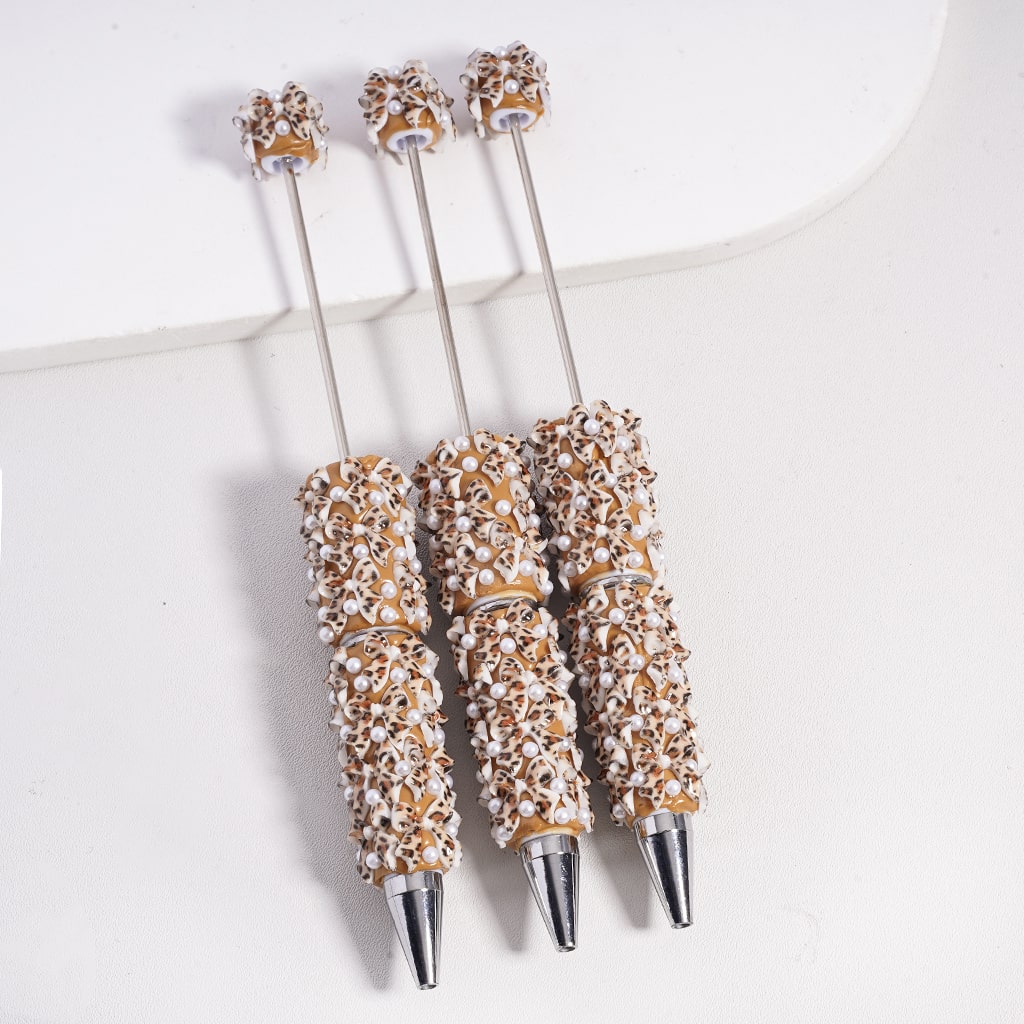 Beadable Clay Pen with Leopard Print Bowtie White Pearls, Random Mix