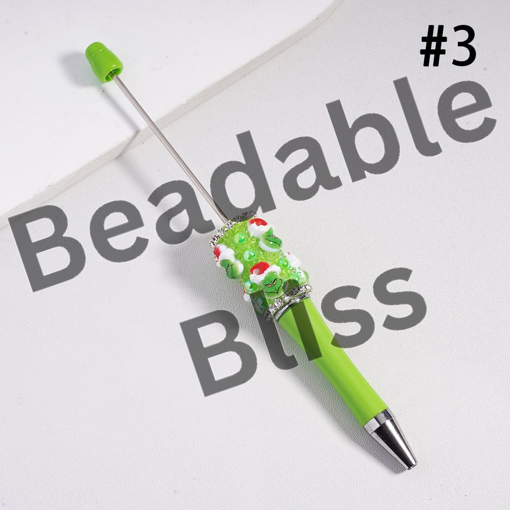 Beadable Pens, Green Character w Christmas Hat, Clear Rhinestones Chains