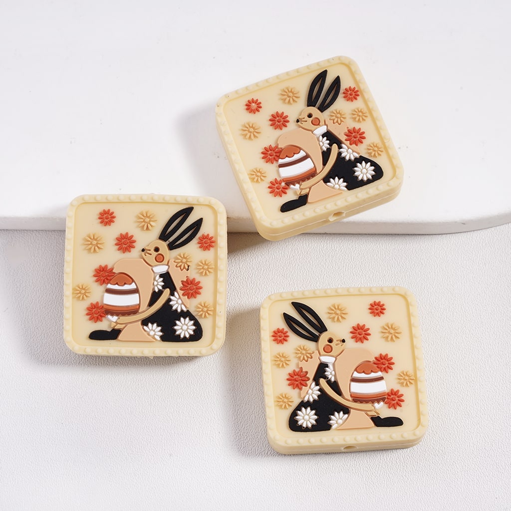 Silicone Focal Beads Cute Rabbit in Black Holds an Easter Egg with Multi-Color Flowers