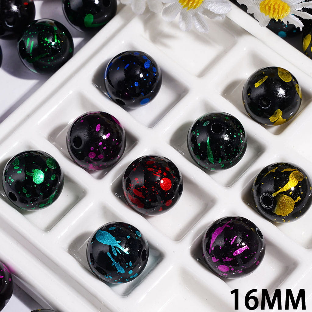 16MM - Black Acrylic Beads for Bracelets and Necklace, with Glitter and Splash-Ink Spots Effect, Multi-Color, Random Mix