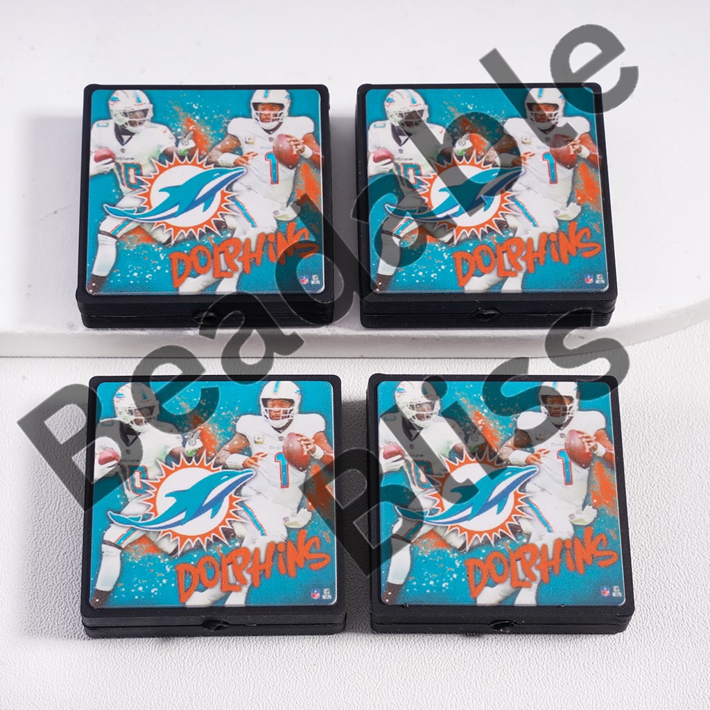 Silicone Focal Beads American Football Miami, Teal Flat Square Shape