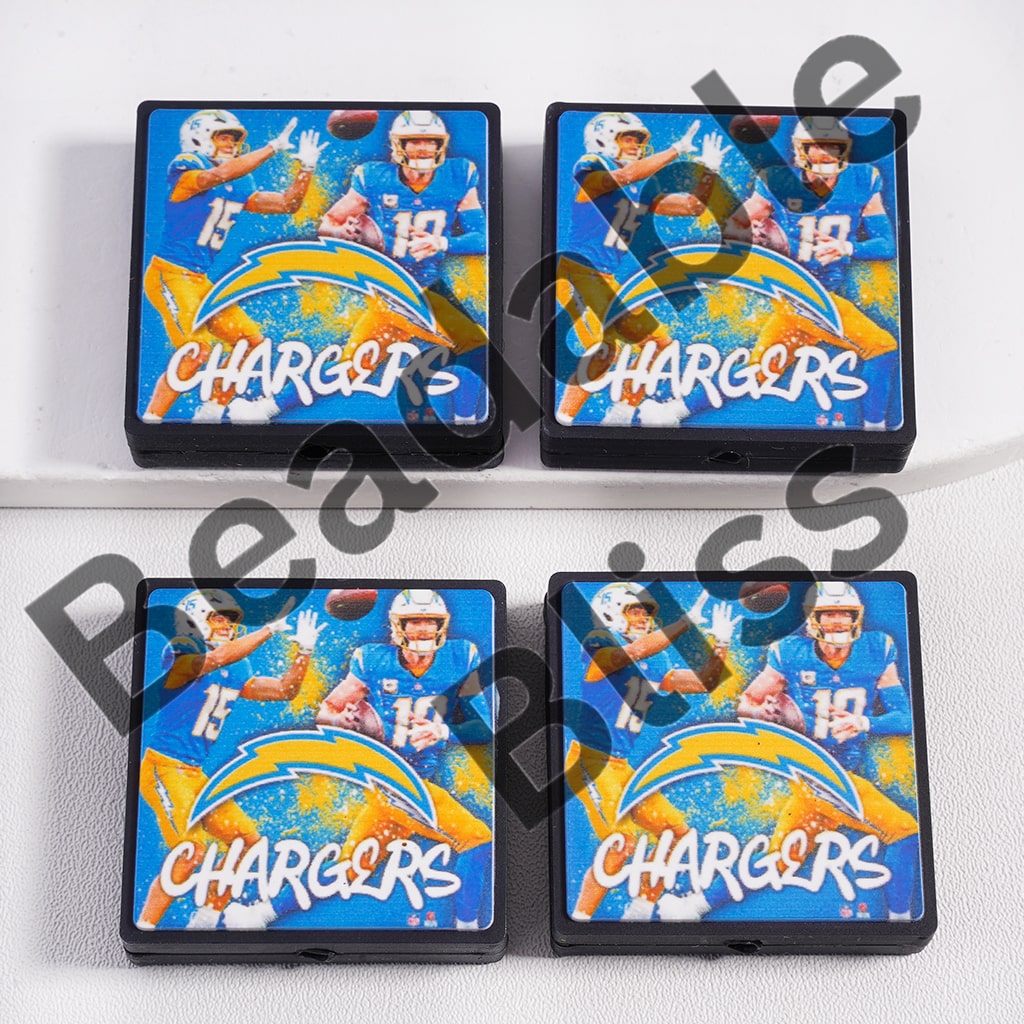 Silicone Focal Beads American Football Los Angeles, Blue Flat Square Shape