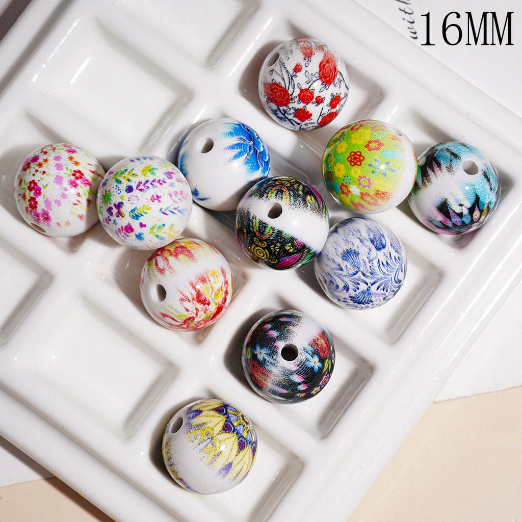 Acrylic Beads for Bracelets with Traditional Chinese-Style Flower and Star Prints, 16MM Multi-Color Random Mix