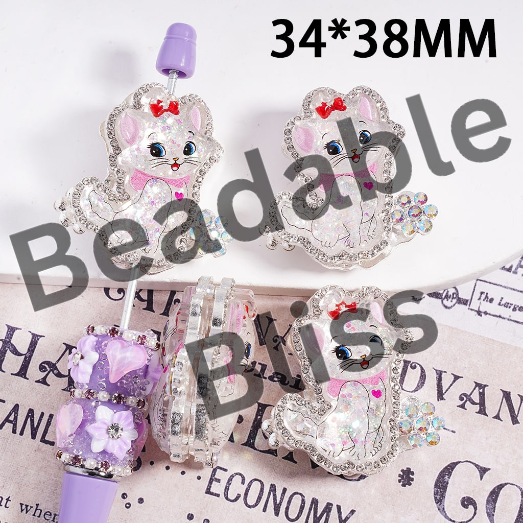 Silver Color Metal Beads with Glittery Cute Cat Character Clear & AB Rhinestones, 34*38MM