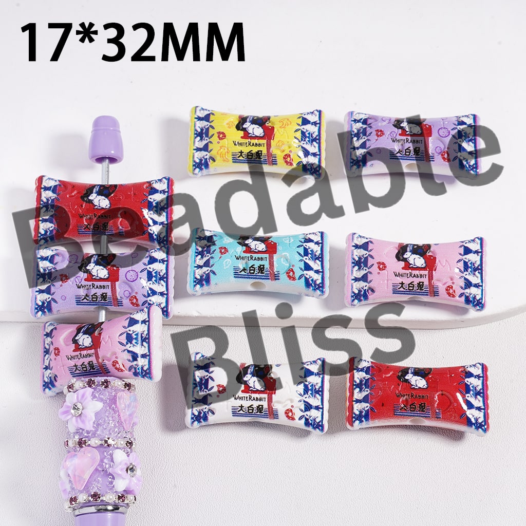 Acrylic Beads with Candy Theme, Double Side Prints, Multi-Color, 17*32MM, Random Mix