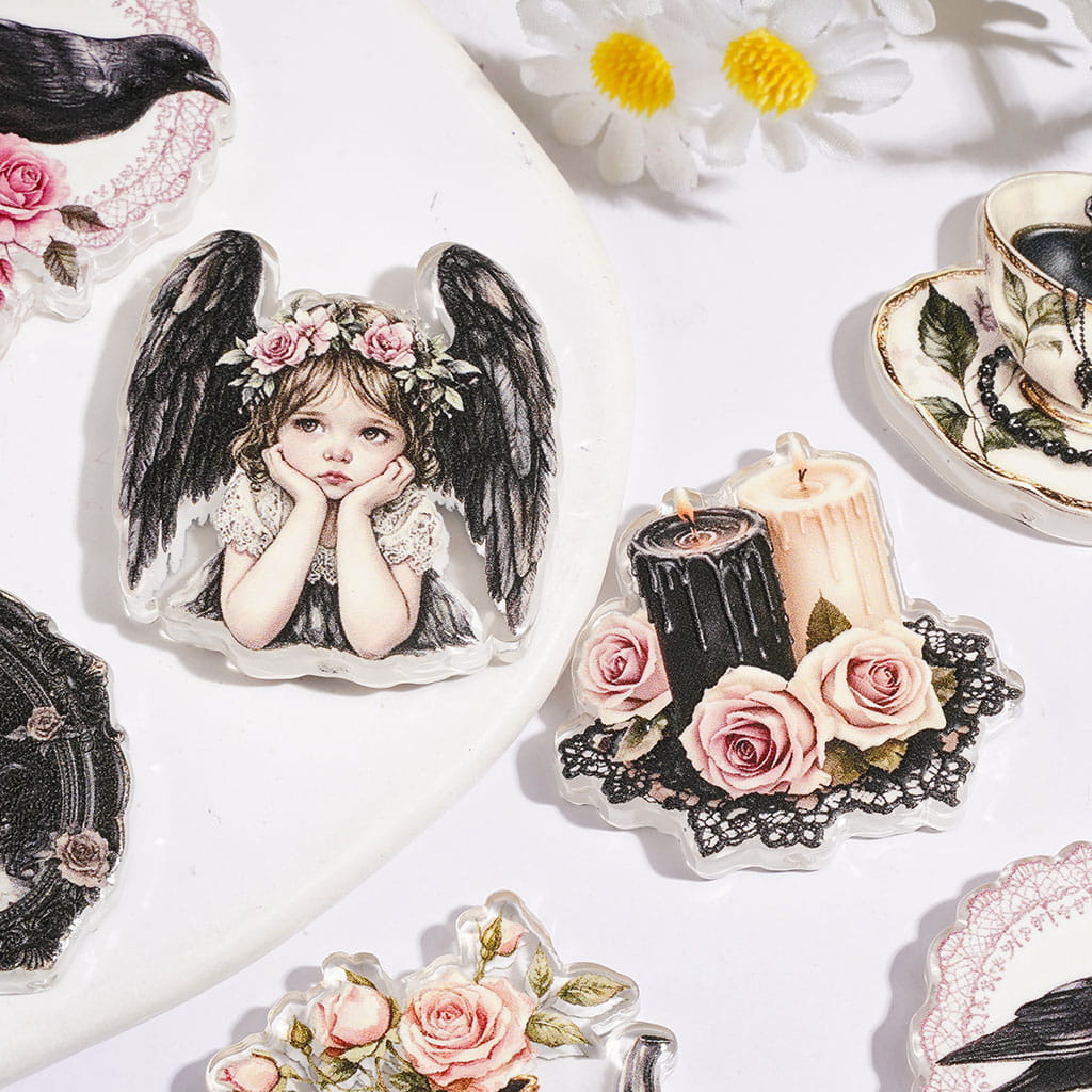 Acrylic Beads Dark Romantic Series with Angel Girl Teapot Rose Flower Crow Portrait Candlestick, Random Mix
